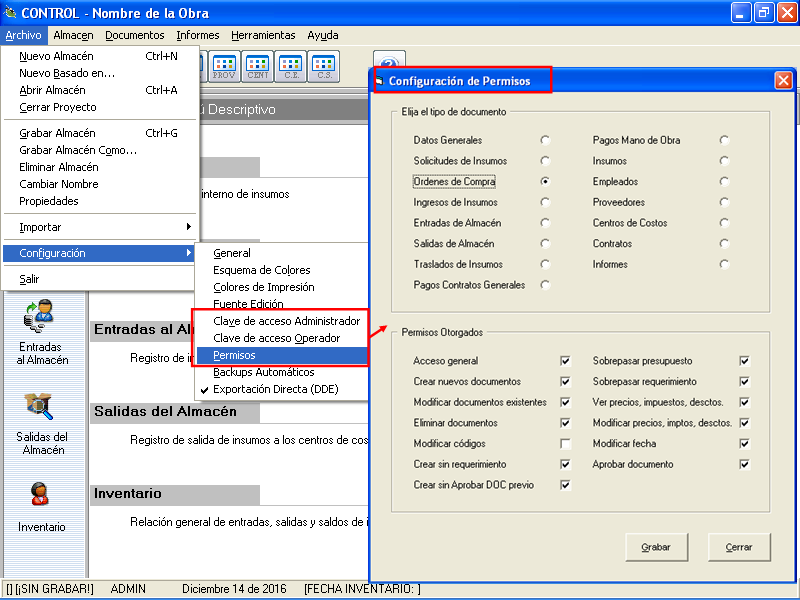 Perfiles de usuario con control de acceso diferencial a cada instancia del programa